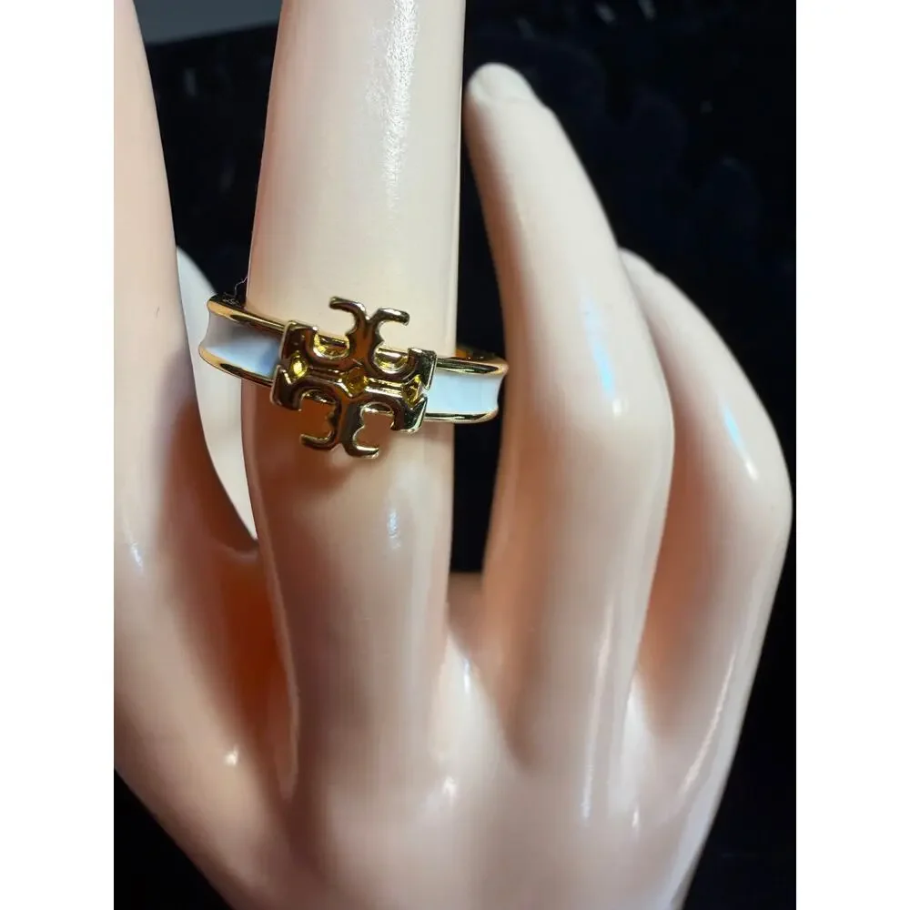Tory Burch Icon Enamel Ring Gold & White Size 6.5 Double T Logo NWOT